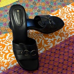 Naturalizer Black Leather Slip-On Mules with Metal Accent